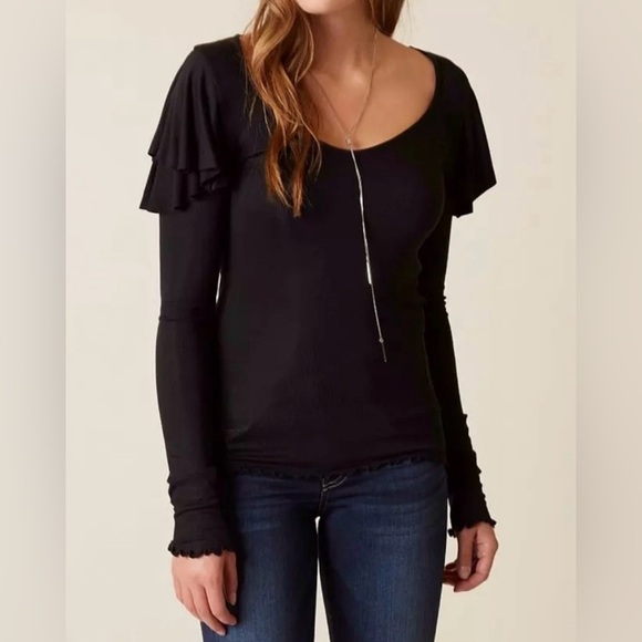 Free People We The Free On Rewind Black Ruffle Long Sleeve Blouse - Size S - Picture 1 of 7